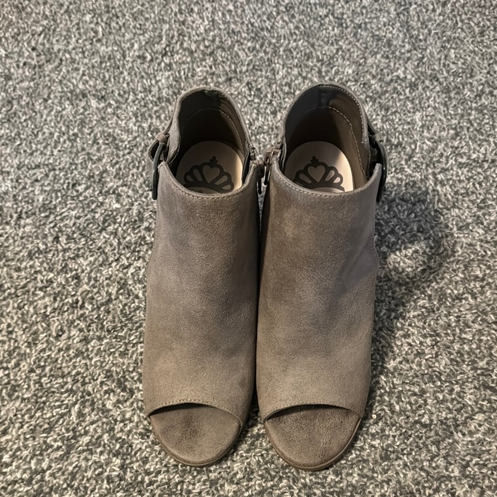 Fergalicious Gray Suede Ankle Booties with Chunky Heel